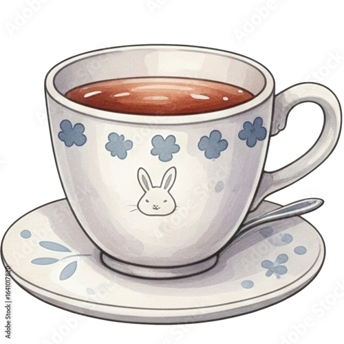 Charming teacup with rabbit design and floral patterns holds warm beverage, evoking cozy atmosphere