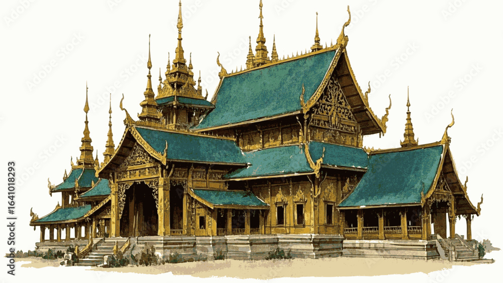 Fototapeta premium Monsoon Gold Thai temple isolated watercolor vector illustration svg