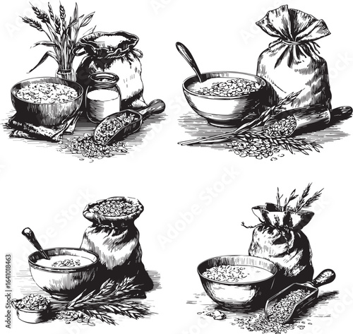 Black and white vintage engraving style vector illustration of oatmeal breakfast set, featuring oatmeal bowl with milk, oat flakes, grain bag, shovel, and oat stalks, detailed line sketch, isolated