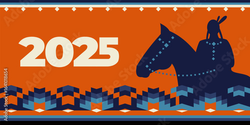 Native american heritage month 2025 greeting. Vector banner, poster, card, flyer with text Native american heritage month, november. Sunset background with horsewoman, native ornament border