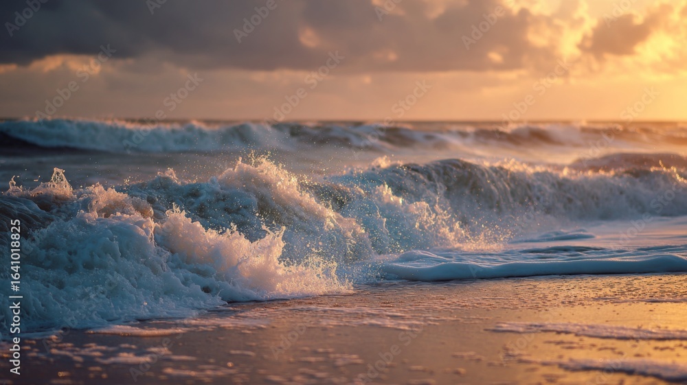 Fototapeta premium Waves roll onto the sandy shore as the sun sets, casting warm colors across the water.