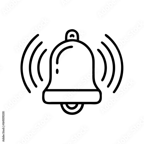 Black outline icon of a ringing bell, symbolizing alerts, reminders, or notifications.
