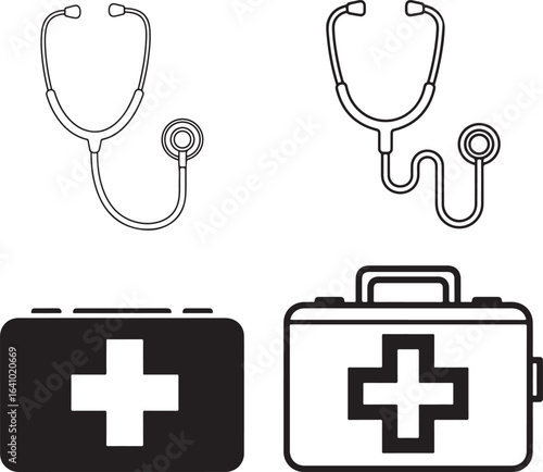 Medical equipment icons set, stethoscope and first aid kit illustrations, black and white vector design