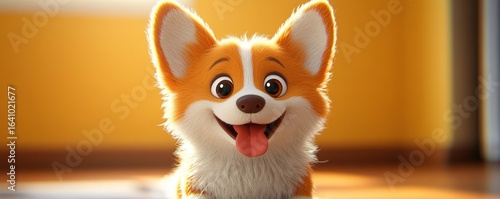 Cute, fluffy cartoon orange corgi puppy with dot eyes, red tongue sticking out in a playful stance, captured in a minimalistic 3D style, Generative AI