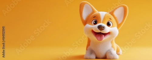 Cute, fluffy cartoon orange corgi puppy with dot eyes, red tongue sticking out in a playful stance, captured in a minimalistic 3D style, Generative AI