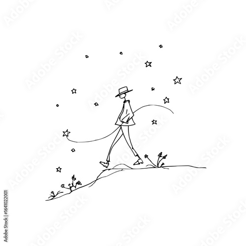 Vector a simple line drawing of a person walking on a hill under a sky full of stars with some plants nearby minimilist