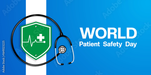 World Patient Safety Day. Shield and stethoscope. Suitable for posters, banners and social media. Blue background.
