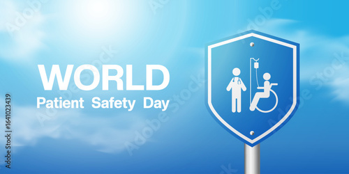 World Patient Safety Day. Shield, people and more. Suitable for posters, banners and social media. Blue background.