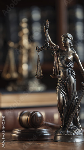Gavel, book, statue reflect law and justice, creating feeling of fairness and integrity in legal matters