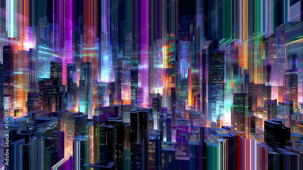 Obraz premium Abstract futuristic city grid with glitch distortion and neon edges