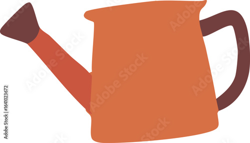 A flat vector illustration of an orange watering can with a brown handle and spout tip, depicted in a simple and minimalistic style.