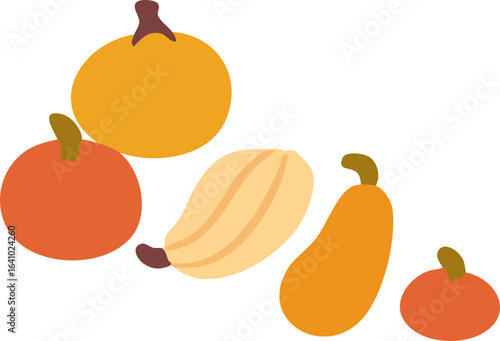 A flat-style illustration of various gourds and pumpkins in warm autumn colors.