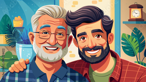 Close-up portrait Adult hipster son and old senior father stay for work at home, two generations have a beard talking together and relaxing with smile, happy enjoy living to isolation quarantine at ho