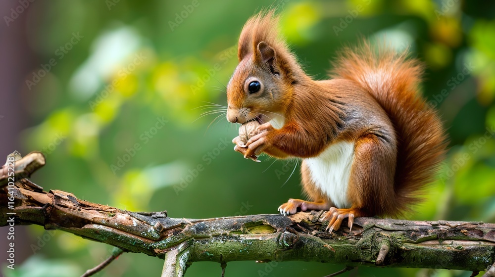 Obraz premium a red squirrel sits on a branch and eats a nut