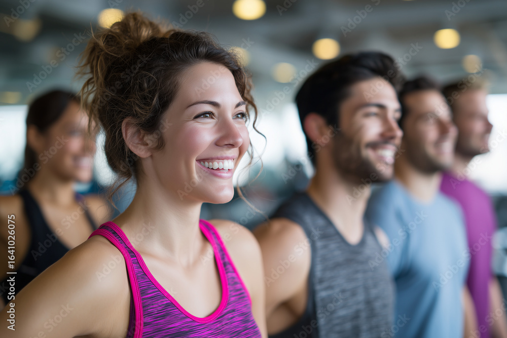 Obraz premium Happy diverse group of young adults enjoying a workout session together in a modern gym