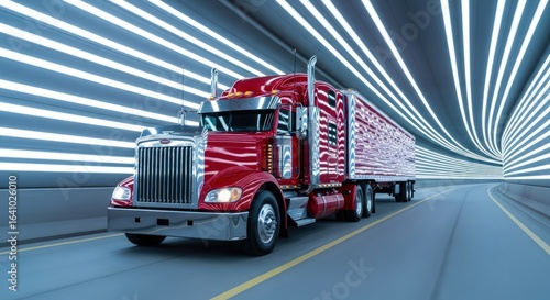 Freightliner speeding through a luminous tunnel showcasing transport and efficiency