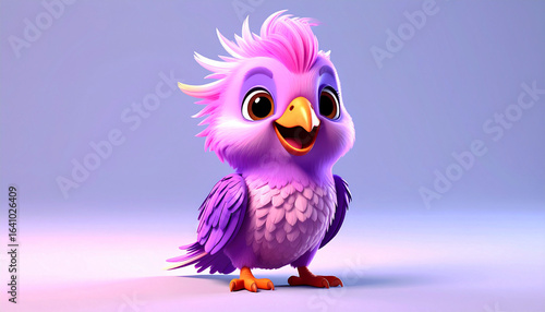 Adorable 3D-rendered cartoon cockatiel with vibrant purple, pink, and magenta feathers, big brown eyes, and a happy smile, standing on a soft pastel background.