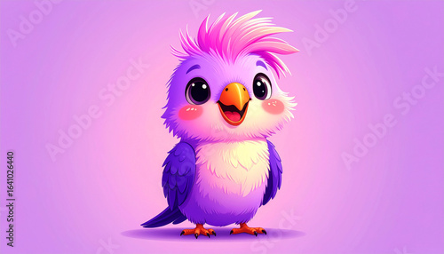 Adorable 3D-rendered cartoon cockatiel with vibrant purple, pink, and magenta feathers, big brown eyes, and a happy smile, standing on a soft pastel background.