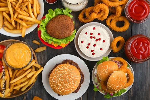 Wallpaper Mural Fast food feast with burgers, fries, onion rings, assorted dips, vibrant top-down party scene. Torontodigital.ca