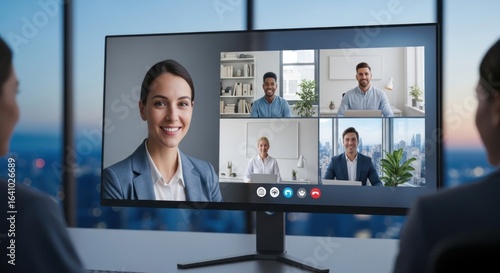 Global team collaboration via online video conference in modern corporate office space