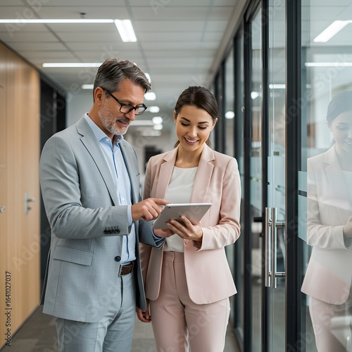 Two colleagues discussing a tablet in a modern office hallway
