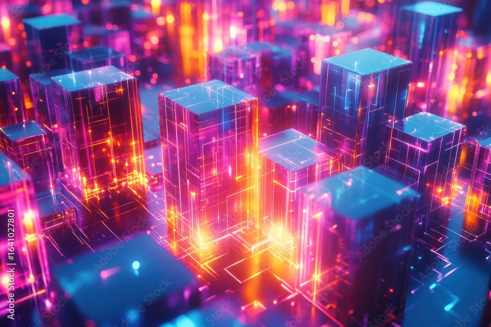 Fototapeta premium Futuristic Cityscape Built with Glowing Geometric Cubes in Vibrant Colorful Lights