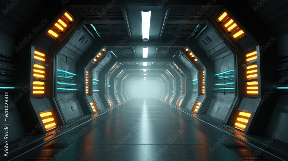 Fototapeta premium Futuristic Interior Tunnel with Neon Lights and Metallic Walls for Sci-Fi or Technology Concepts