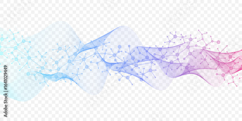 Colorful molecules background with DNA helix, DNA strand, DNA Test. Molecule or atom, neurons. Abstract structure for science, healthcare or medical background, banner. Scientific vector illustration