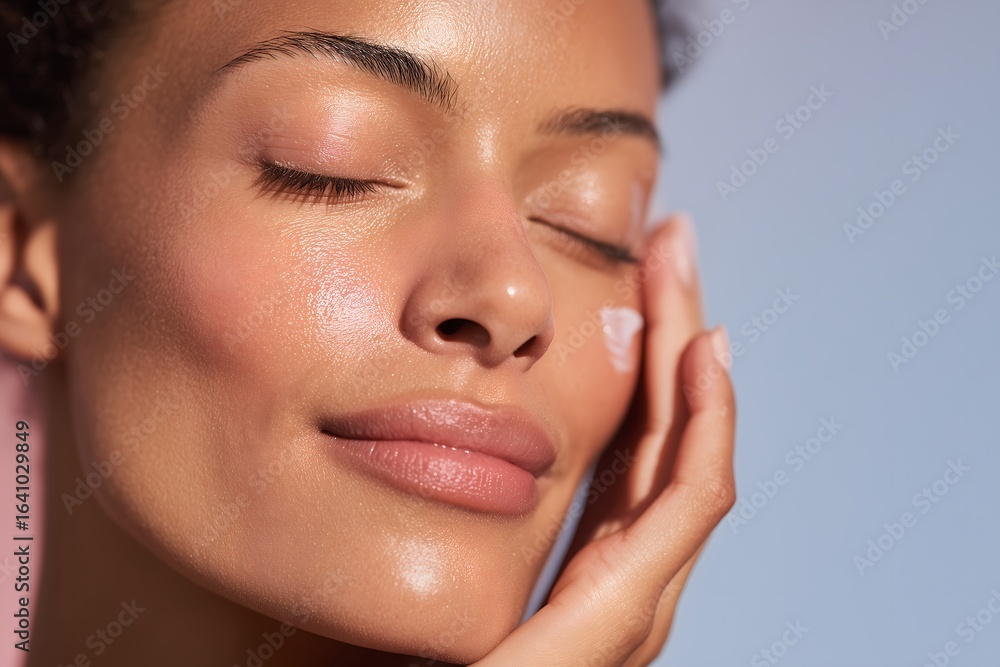 Obraz premium A beautiful Black woman with closed eyes applying a small dab of cream to her smooth, radiant cheek