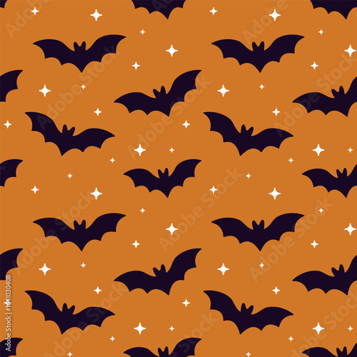 Halloween pattern with bat and stars on orange background