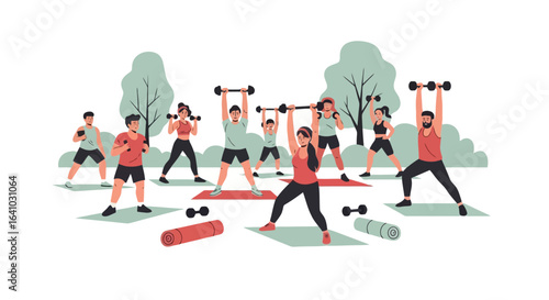 Group Fitness Class Exercising Outdoors with Weights and Resistance Bands for Health, Wellness, and Active Lifestyle Campaigns and Fitness Program Advertisements