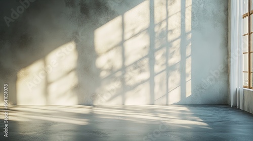 Fototapeta Naklejka Na Ścianę i Meble -  Minimalistic interior scene with gentle light casting window shadows on a textured wall