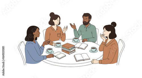 Diverse Group Discussion Around a Table with Books and Tea Cups. Ideal for illustrating community meetings, book clubs, educational settings, or collaborative projects.