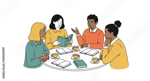 Diverse group discussion illustration for educational purposes, showcasing teamwork and collaborative learning in a casual setting, suitable for school projects.