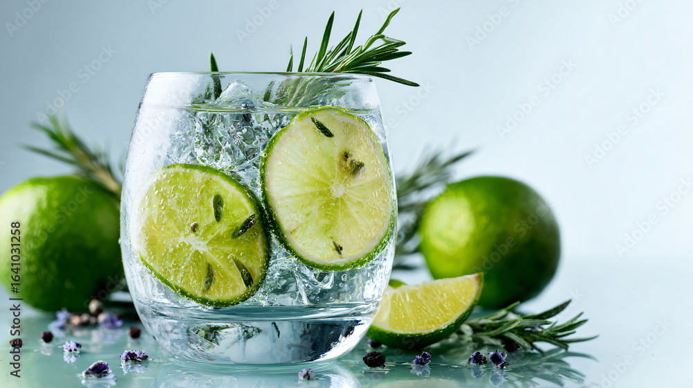Fototapeta premium glass of gin and tonic with lime and herbs, mixology-style drink on white