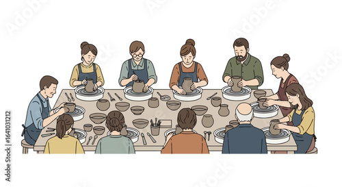 Pottery Class Illustration Featuring Diverse Group of People Learning Wheel Throwing Techniques for Creative Arts and Crafts Projects or Community Engagement