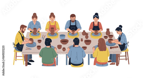 Group Pottery Class Participants Engaged in Creative Clay Shaping, Ideal for Illustrating Craft Workshops, Art Education, and Community Bonding Experiences