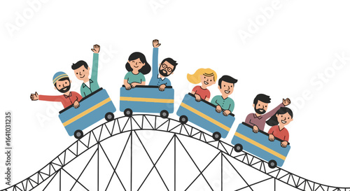 Cheerful Group Riding a Roller Coaster Illustration Conveying Thrill and Excitement for Theme Park Adventures and Leisure Activities Promotion