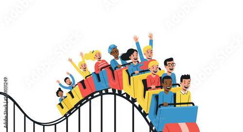 Vibrant illustration of diverse people enjoying a thrilling rollercoaster ride, ideal for promoting amusement parks, family entertainment, and summer vacation fun