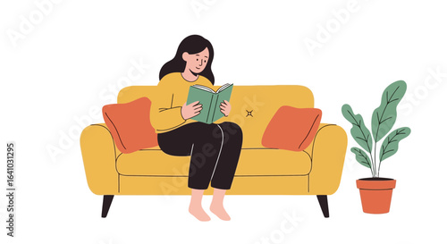 Serene woman reading a book on a comfortable yellow sofa, promoting relaxation, mindfulness, and the joy of reading in a cozy and inviting home setting.