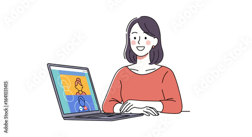 Woman Engaging in a Virtual Meeting on Laptop, Ideal for Remote Work, Online Education, and Telehealth Illustrations and Digital Communication Projects.