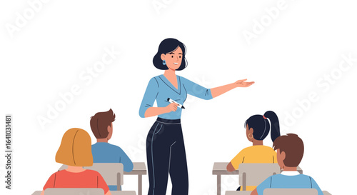 Engaging classroom scene featuring a teacher and students, ideal for educational resources and illustrating learning environments, promoting academic concepts.
