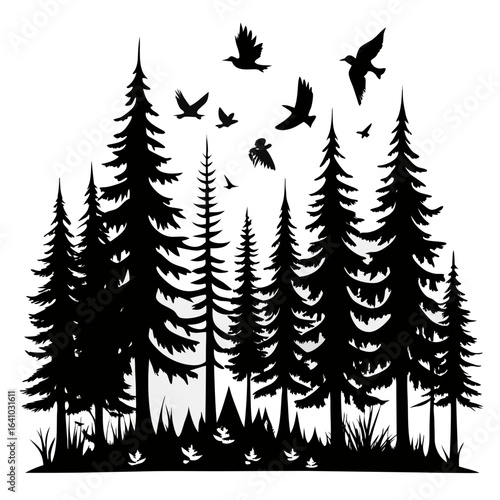 pine Forest in fly birds vector clean black silhouette design white background