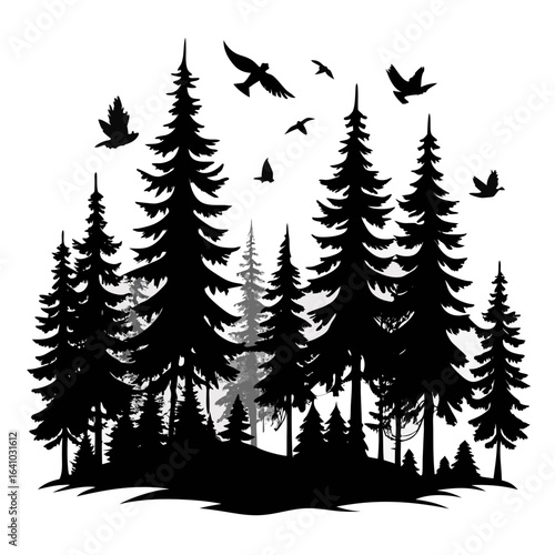 pine Forest in fly birds vector clean black silhouette design white background