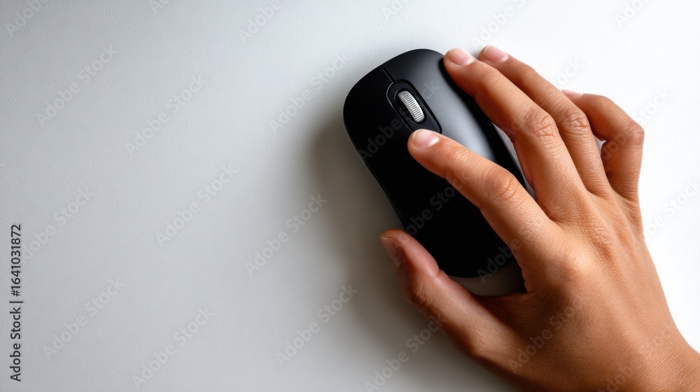 Close Up of a Hand Gripping a Computer Mouse on a Clean White Surface Highlighting Modern Technology and User Interaction in a Minimalist Setting Close Up of a Hand Gripping a Computer Mouse on a Clean White Surface Highlighting Modern Technology and User Interaction in a Minimalist Setting