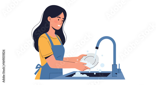 Cartoon Style Illustration of a Woman Washing Dishes in the Sink with Bubbles. Suitable for lifestyle blogs, cleaning product ads, or family activity guides.