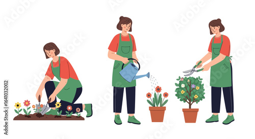 Illustrated Woman Engaged in Gardening Activities, Including Planting Flowers, Watering Plants, and Pruning Bushes for Garden Maintenance and Hobby Concepts