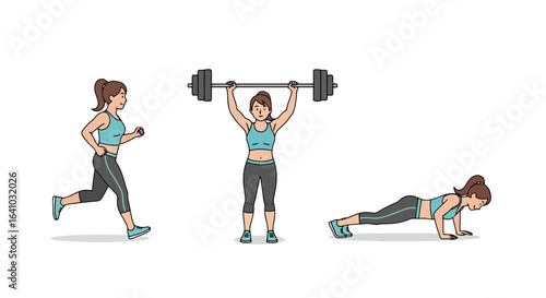 Diverse Fitness Routine Illustration Featuring Running, Weightlifting, and Push-Ups, Suitable for Health, Exercise, and Active Lifestyle Content.