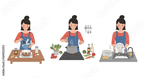 Illustrated depiction of a woman cooking and cleaning in the kitchen showcasing a daily routine. Suitable for lifestyle, cooking blogs, and educational content.