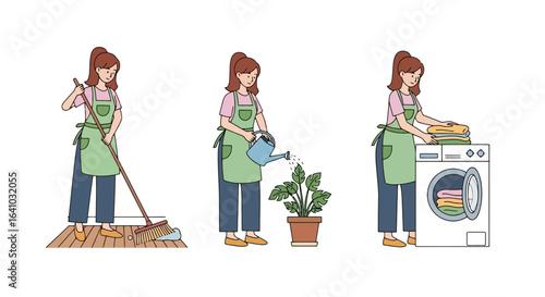 Woman Performing Household Chores, Maintaining a Clean and Organized Home Environment, Illustrating Daily Life, and Promoting Home Care Products and Services
